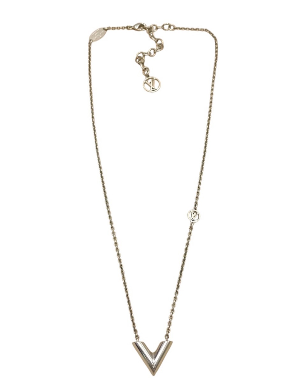Louis Vuitton Silver V-Pendant Logo Chain Necklace